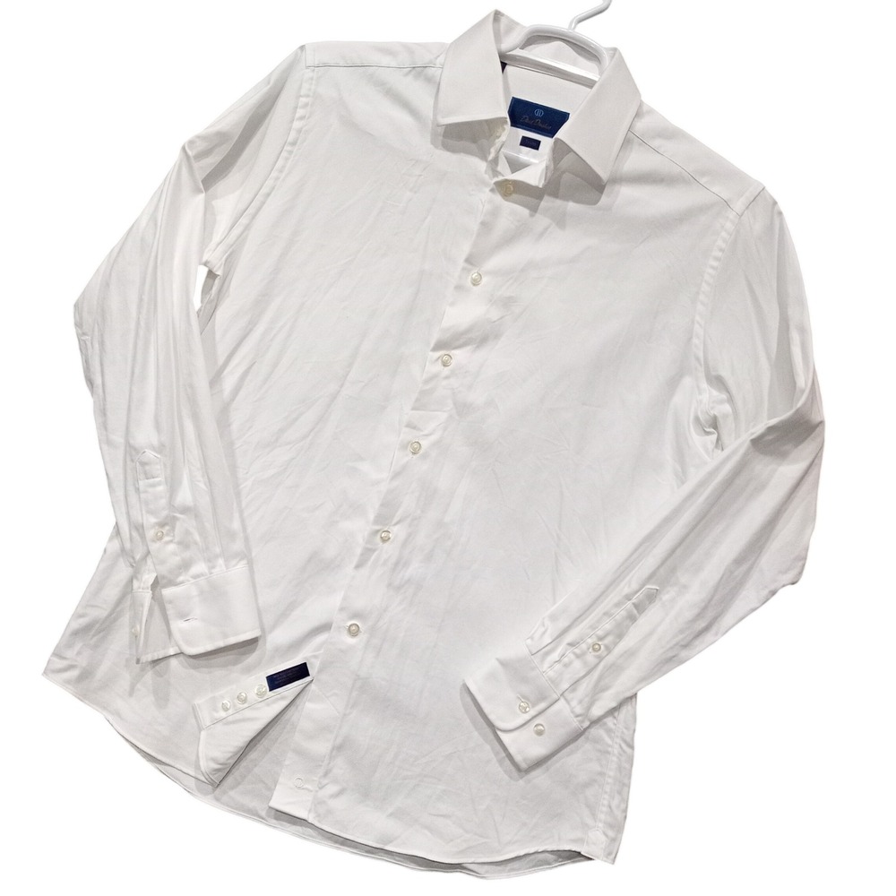 David Donahue Mens White Trim Fit Cotton Dress Shirt 16.5 34/35 Spread Collar